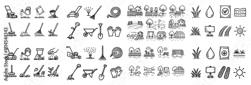 Hand-drawn garden tools and landscape icons set