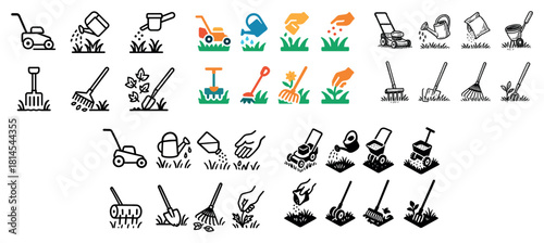 Lawn care icons set: tools and equipment illustrations