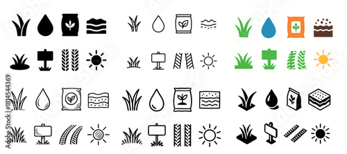 Gardening icons set: plants, sun, water, soil designs