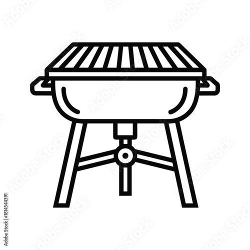 Simple black and white line icon of a portable barbecue grill on a stand, isolated on