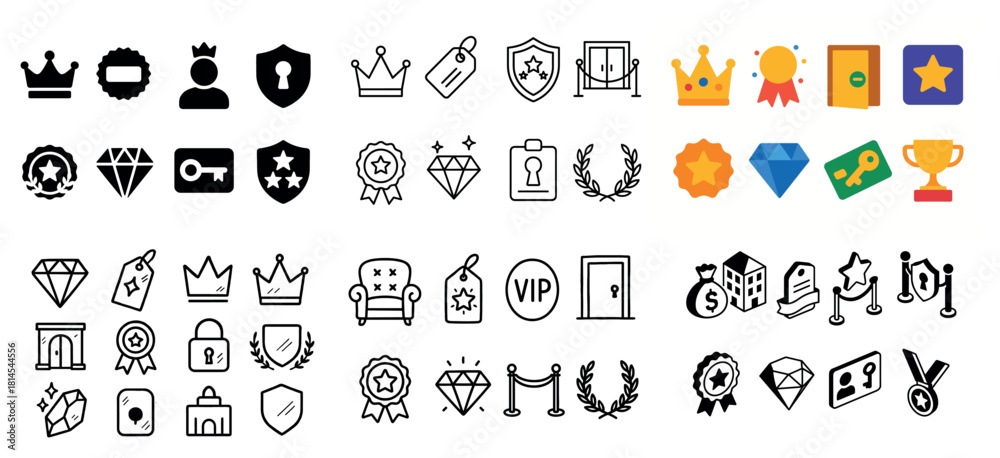 Fototapeta premium Crown and badge icon set with laurel and diamond