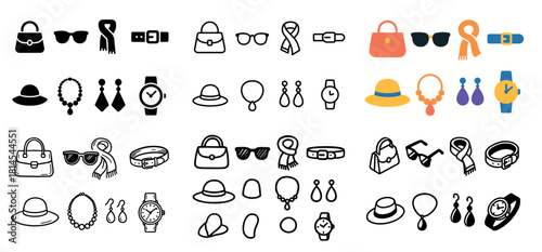 Fashion accessories icons set - bags, hats, watches