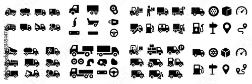 Icon set of various trucks and transportation tools