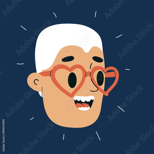 Cartoon vector illustration of a man wearing heart-shaped glasses symbolizing love, admiration, or infatuation against dark background