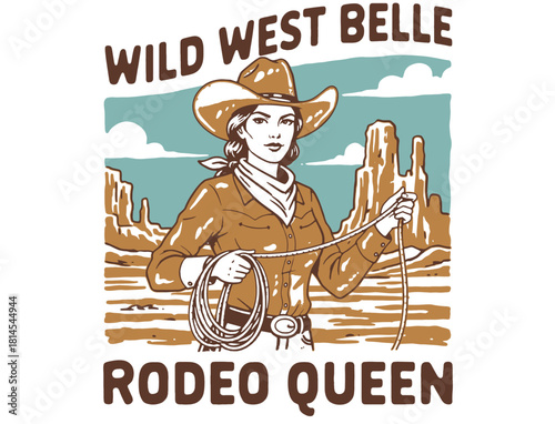 Vintage western emblem illustration of a rodeo queen cowgirl with her horse and lasso, grunge style.