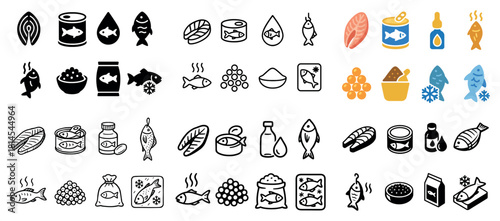 Variety of fish icons in different styles and colors