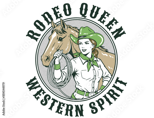 Vintage western emblem illustration of a rodeo queen cowgirl with her horse and lasso, grunge style.