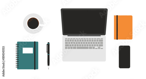 Modern workspace setup with laptop, notebooks, coffee, and pen for business planning, remote work, and creative design projects, originally vector graphics