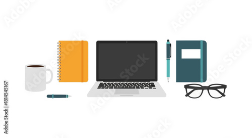 Organized workspace featuring laptop, coffee, and notebooks, perfect for productivity and creative inspiration, originally a scalable vector graphic