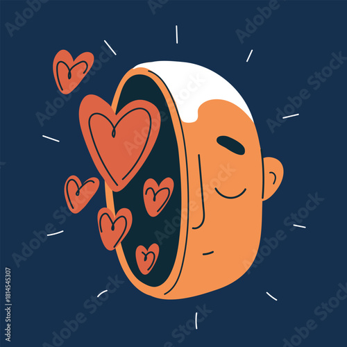 Cartoon vector illustration of a man with hearts in his head symbolizing love, infatuation, or romantic thoughts against dark background