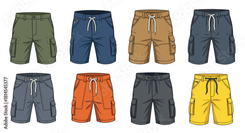 Cargo shorts collection in multiple colors, casual utility shorts with pockets, drawstring waist fashion set, summer clothing vector illustration