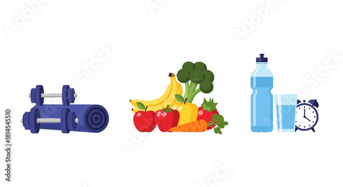 Embrace a healthier lifestyle with fitness equipment, nourishing fruits and vegetables, and water for hydration plus time management with an alarm clock