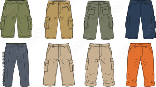 Cargo shorts and cropped pants collection, utility pocket designs in multiple colors, casual outdoor clothing, fashion vector illustration set