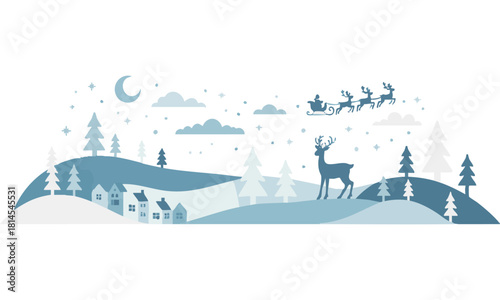 Minimal snowy christmas landscape vector illustration, easily editable. 