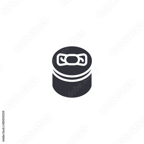 Circular or cylindrical gift tin icon with a decorative bow on the lid, suggesting a canned gift, food packaging, cookie tin, or luxury wrapped present in a clean, solid glyph style.