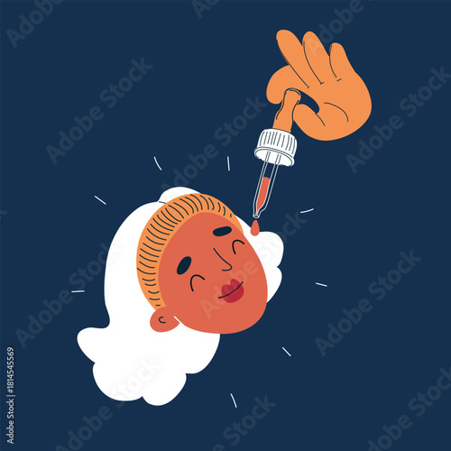 Cartoon vector illustration of a woman receiving a facial serum treatment from a cosmetologist for skin hydration against dark background