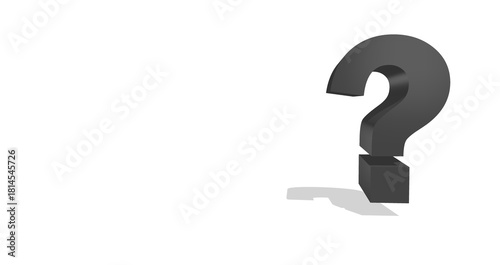 3D Black question mark against white wall symbolised query doubt and uncertainty. Minimalism visual concept for business, finance, education or marketing. Thinking, problem solving, decision making.