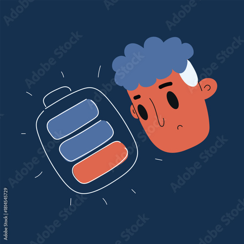 Cartoon vector illustration of a man looking at a drained battery symbolizing exhaustion and low energy against dark background