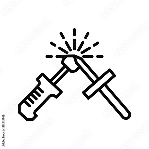 Simple black and white line icon representing welding process with sparks, isolated on