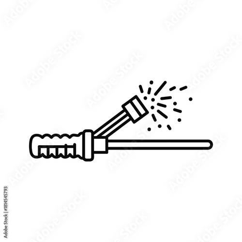 Line art icon of a garden hose nozzle spraying water, isolated on