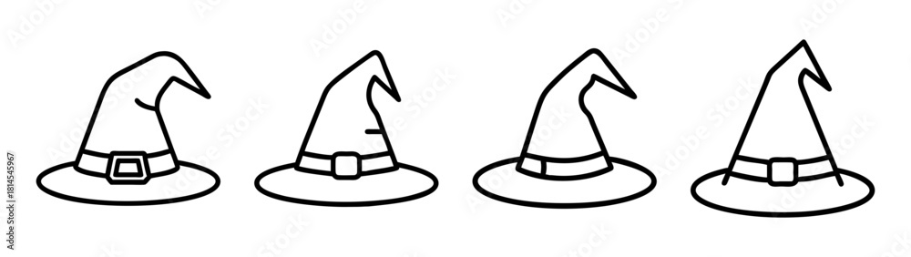 Obraz premium Four black outline witch hats for halloween and magic design themes.