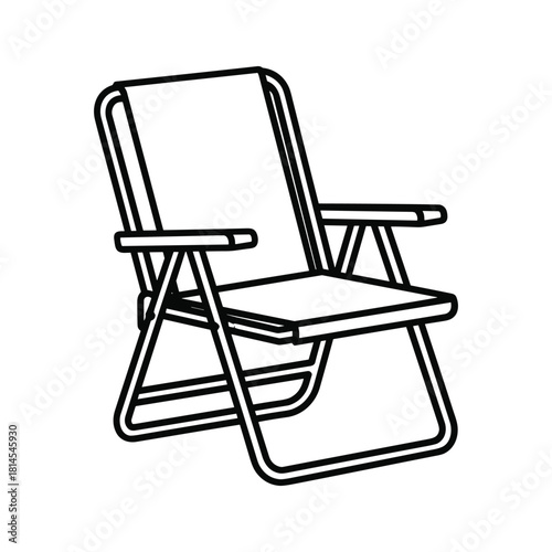 Outline drawing of a foldable outdoor deck chair with armrests, isolated on