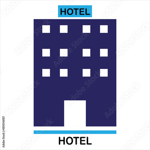 Blue hotel building icon with text HOTEL on white background architecture lodging