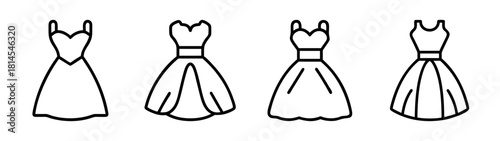 Simple outline icons of various elegant cocktail party dresses