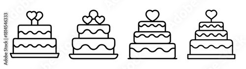 Minimalist line art wedding cake icons set with heart toppings