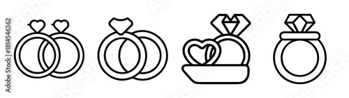 Outline wedding and engagement ring icons set on white background