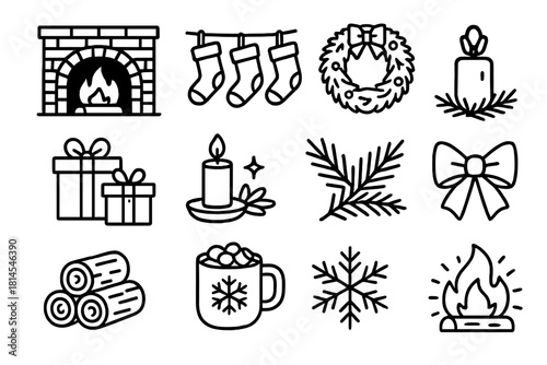Festive Fireplace Icons. Stockings & Fireplace Set linear icon set: brick fireplace, hanging stockings, garland, wreath, wrapped gifts, candle, pine branches, bow, firewood, mug of