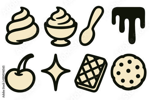 Dessert Icon Set. Creamy delight silhouette icon set : whipped cream swirl, dessert bowl, spoon, chocolate drizzle, cherry, sparkle, wafer, cookie