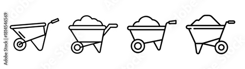 Wheelbarrow icons set empty and full of soil, construction tools