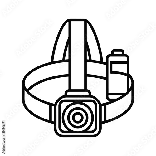 Black and white line art icon of a headlamp with a battery pack, isolated on