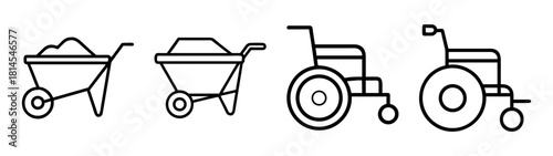 Line art icons of wheelbarrows and wheelchairs for different tasks