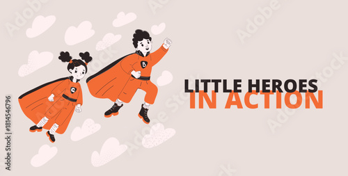 Cartoon vector illustration of a boy and girl as child superheroes flying in the sky, symbolizing imagination and adventure