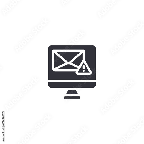 Computer monitor showing an envelope and a warning triangle icon, symbolizing email error, spam, security alert, failed message delivery, and phishing risk in a solid glyph style.