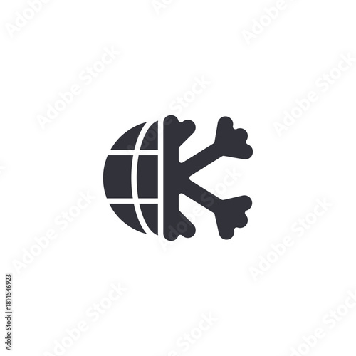 Globe icon combined with a snowflake symbol, representing global warming, climate change, international winter travel, refrigeration systems, and worldwide weather in a solid glyph style.