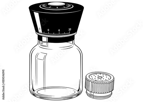 Manual coffee grinder with glass jar and adjustable settings vector illustration. Hand mill for beans or spices with numbered dial sketch isolated on white background.
