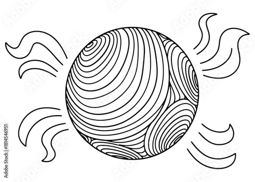 Wool dryer ball vector illustration with motion lines. Natural laundry softener sphere or bath bomb with spiral pattern isolated on white background.