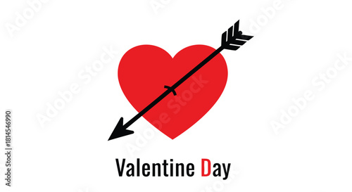 Illustration of a red heart pierced by a black arrow on a white background for valentine's day card