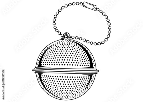 Round metal tea infuser ball with chain vector illustration. Stainless steel mesh strainer for brewing loose leaf herbal tea sketch isolated on white background.