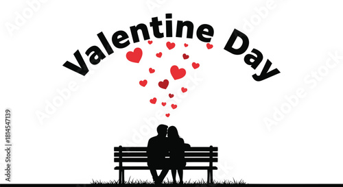 Couple silhouette on bench under valentine day text with hearts floating above them in black and red