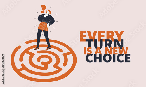 Cartoon vector illustration of a woman navigating a maze symbolizing problem solving, decision making, and challenges