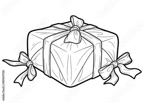 Fabric wrapped gift box with knots vector illustration. Hand drawn sketch of eco friendly reusable cloth packaging or furoshiki present isolated on white background.