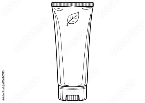Cosmetic tube with leaf icon vector illustration. Organic skin care lotion or cream container sketch. Eco friendly plastic packaging isolated on white background.