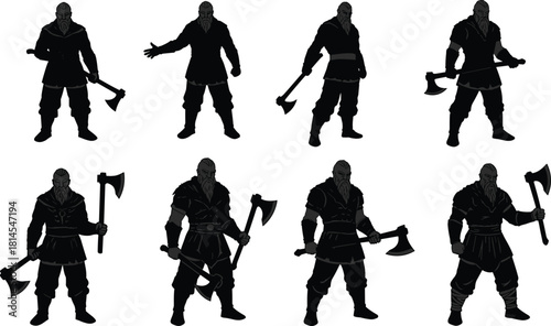 Set of Viking warrior silhouettes holding axes in various poses, medieval fighter character collection for games, illustrations, graphic design and animation projects