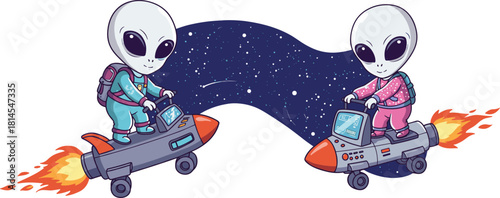 Cute cartoon aliens riding rockets through deep space with starry background, perfect for kids’ vector illustrations, sci-fi themes and cosmic adventures