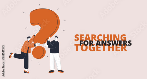 Cartoon vector illustration of a man and woman holding a question mark symbolizing curiosity, inquiry, and problem solving