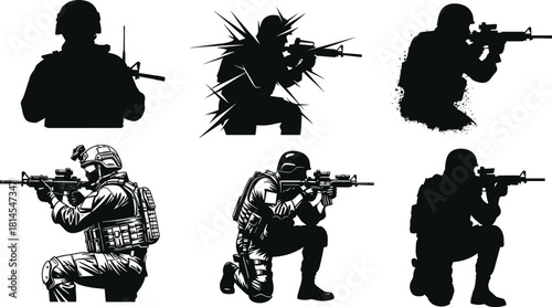 Tactical soldier silhouettes with rifles in combat poses, military special forces illustration set featuring armed fighters, warfare action artwork